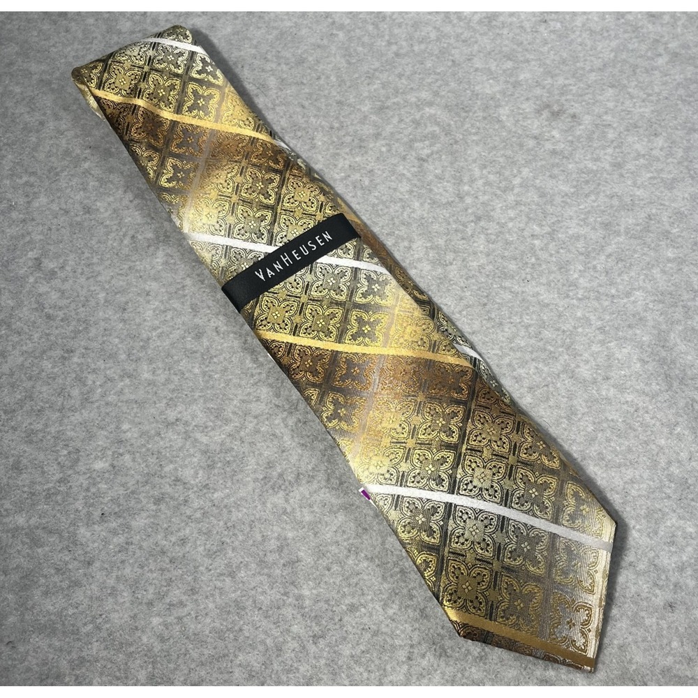 Van Heusen Tie Mens One Size Silk Geometric Pattern Formal Yellow Gold‎ Silver